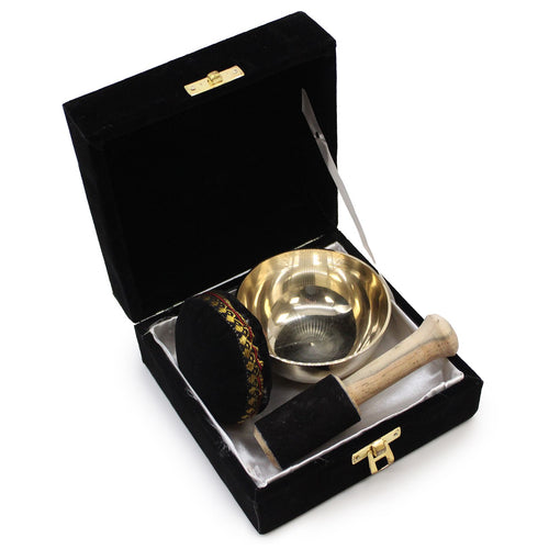Product image of Brass Singing Bowl Gift Set - 9cm (view 1), showing a singing bowl with a brass construction; size details including 9cm.