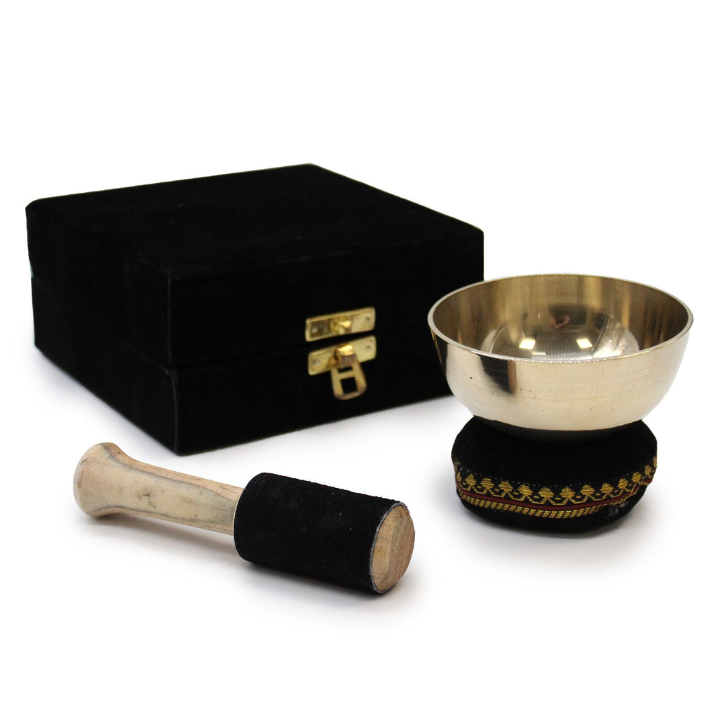 Product image of Brass Singing Bowl Gift Set - 9cm (view 3), showing a singing bowl with a brass construction; size details including 9cm.
