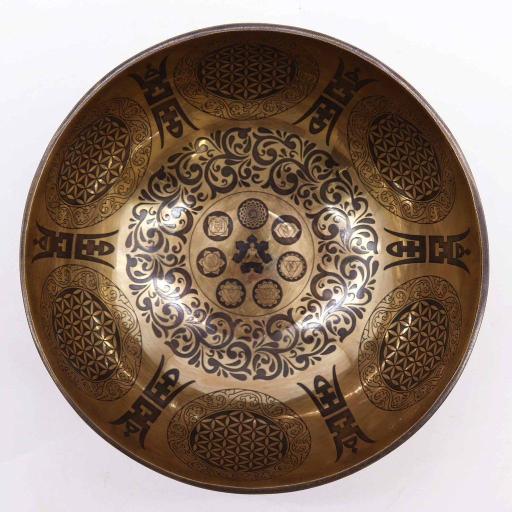 Tibetan Healing Engraved Bowl - 21cm - 7 Chakra & Flower of Life - Irama Nusa
